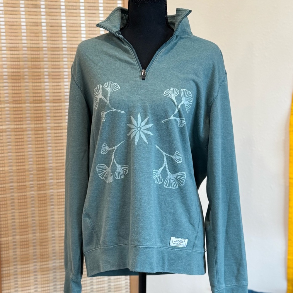 Eddie Bauer Light Teal Floral Gingko Leaf Printed Half-Zip Pullover Sweatshirt - Picture 8 of 9
